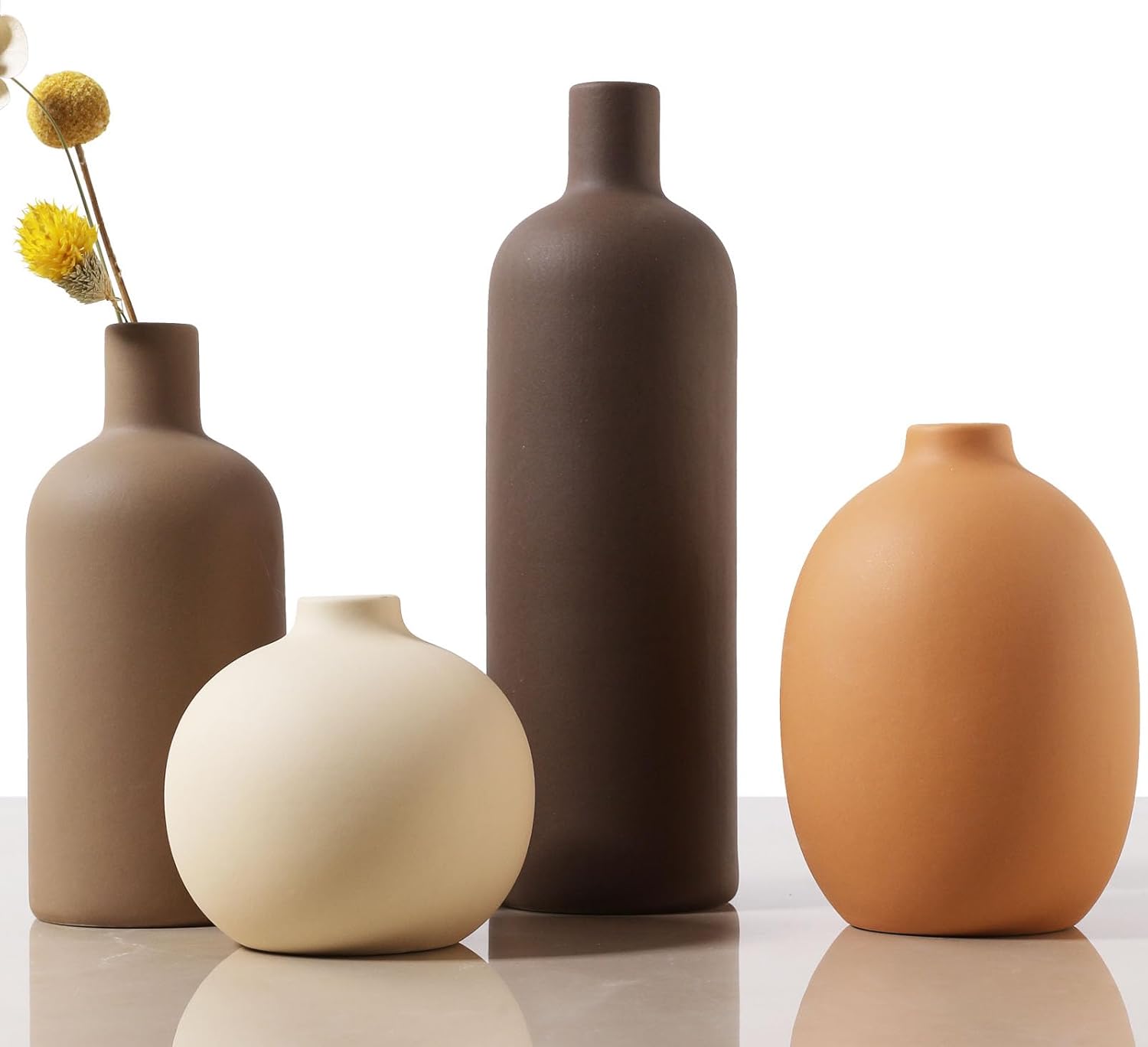 Ceramic Vases Set of 4, Decorative Flower Vases for Home Office Living Room Bedroom Kitchen Modern Farmhouse Rustic Boho Aesthetic Decor for Shelf and Table Centerpieces