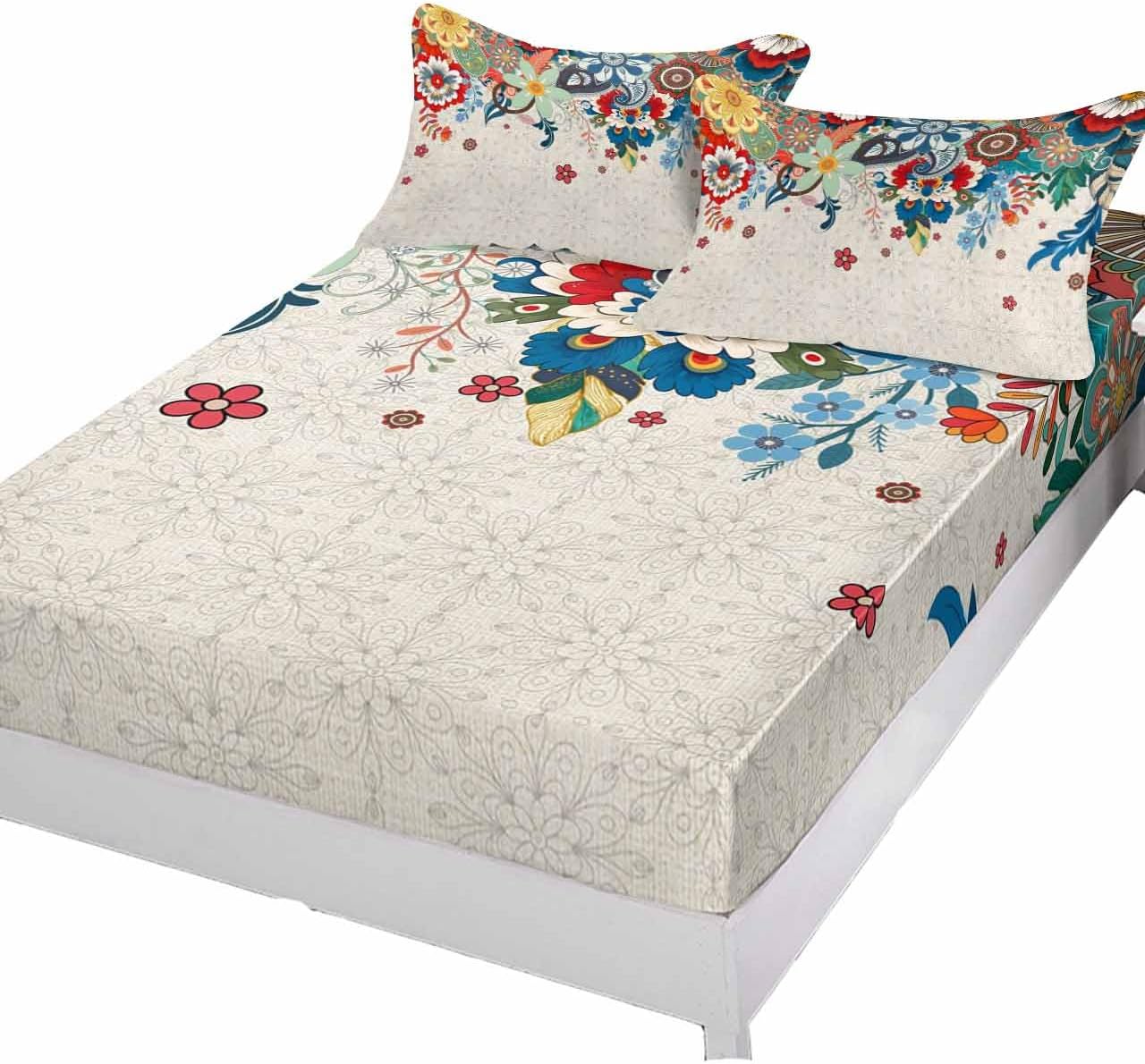 Fitted Sheets Elastic Deep Pocket Bed Sheet Cal King, Bohemian Watercolor Flower on Linen Soft Bed Sheets Set,Vintage Floral Mattress Cover Up Hotel Luxury Fitted Sheet Pillowcase for Bedroom