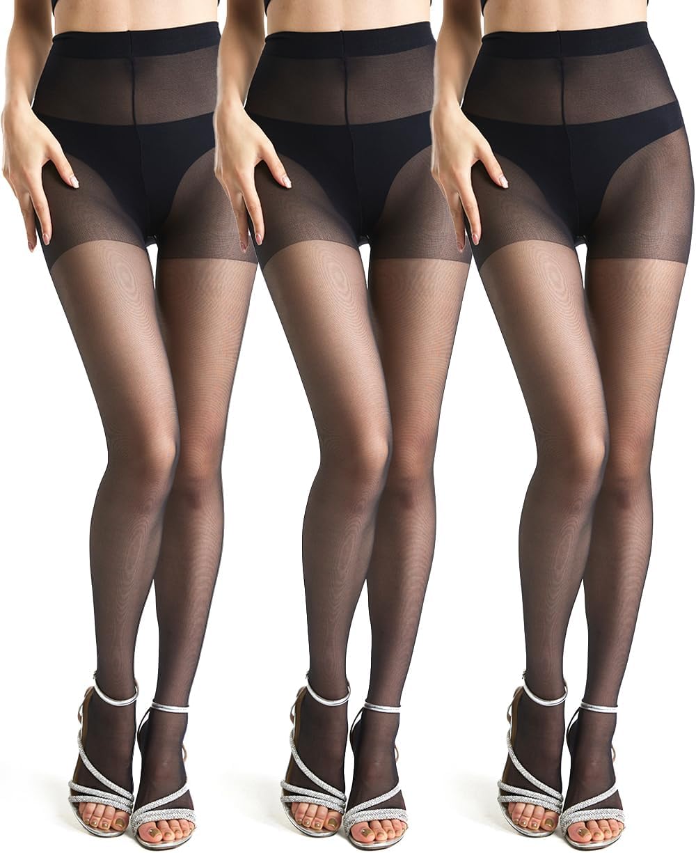3 Pairs womens 20D Ultra Toeless Sheer Tights Open Toe Control Top Pantyhose