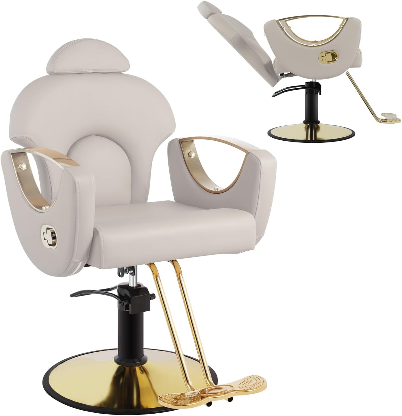 Salon Barber Chair, Reclining Salon Chair for Hair Stylist, Hair Salon Chair with Heavy Duty Hydraulic Pump, 360 Swivel Styling Braiding Hairdresser Chair for Home Barbershop, Gray Gold