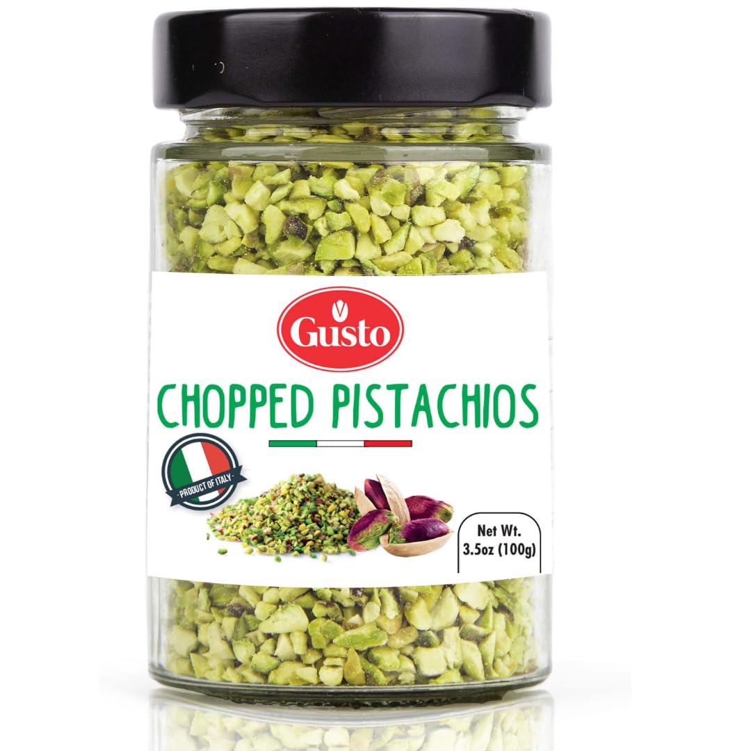 GUSTO ETNA Pistachios Chopped, 3.5 oz (100 g), Sicilian Raw Pistachio Crumbles, Bronte, Sicily, Italy Pistachio Pieces Baking, Cooking, Ice Cream Topping, Pizza Pasta, sanwhich, Non GMO