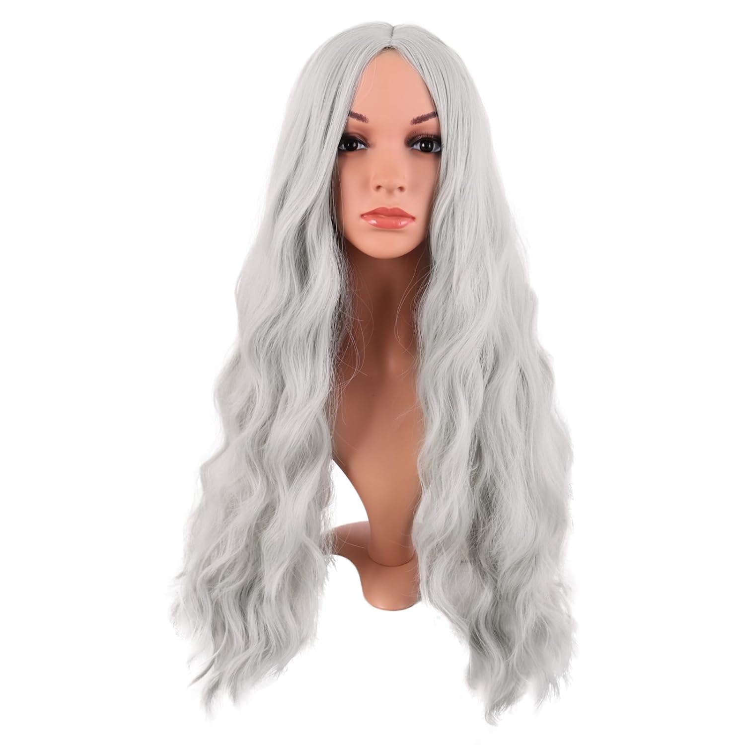 MapofBeauty 28 Inch/70 cm Long Wavy Middle Part with No Bangs Synthetic Fiber Curly Fashion Women Party Cosplay Wig (Silver)