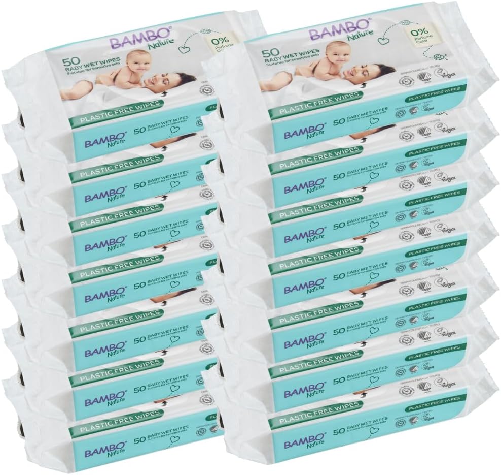 Bambo Nature Plastic-Free Wet Wipes (14x 50), Newborn Essentials, Eco-Labelled Baby Wipes, Gentle and Soft , Moisturising, Skin-Friendly, Plastic-Free, Baby Essentials