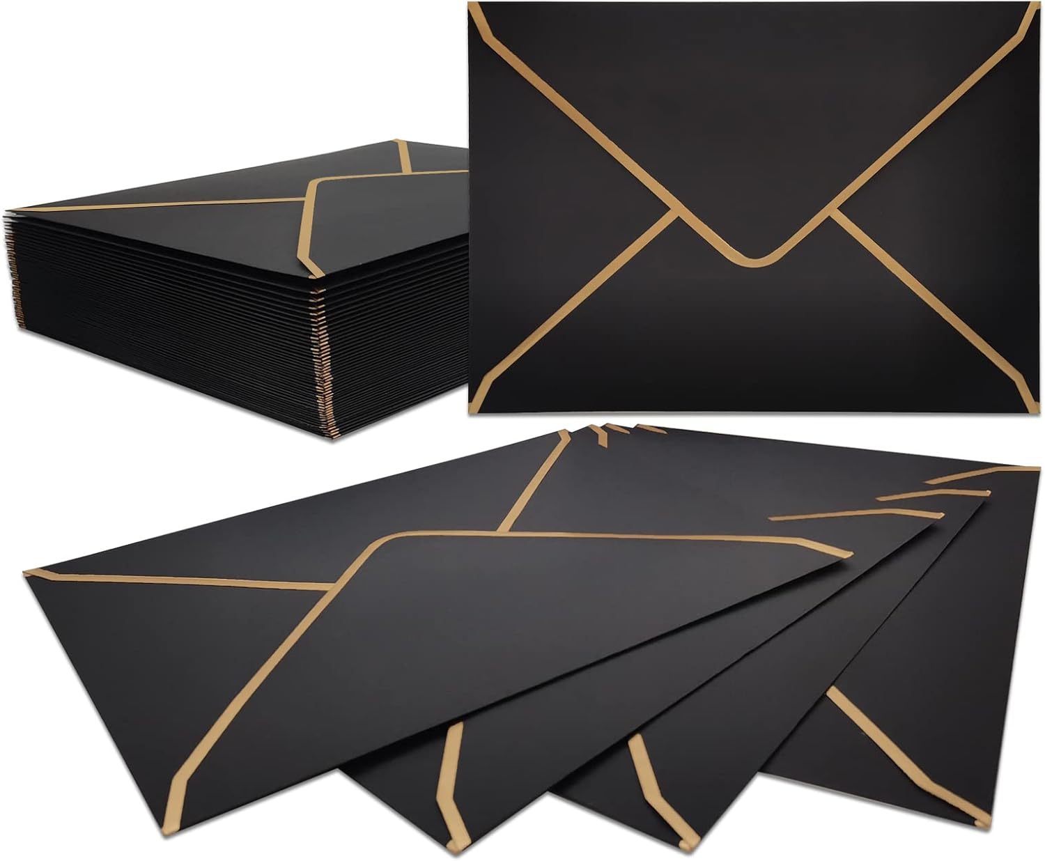 LYHLYA 50 PCS Invitation Envelopes A7 Size, Black 5 x 7 Inch V-Flap Mailing Card Quick Seal with Gold Border for 5x7 Cards, Birthday, Weddings, Graduations, Greeting Cards