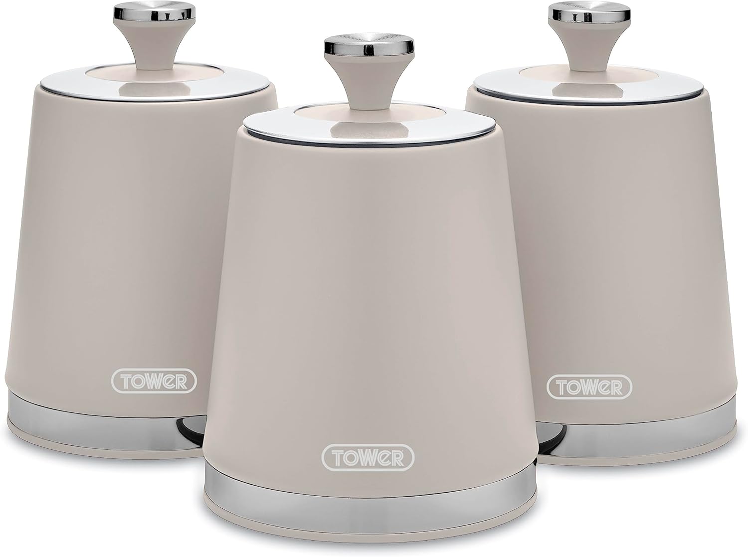 Tower T826131MSH Cavaletto Set of 3 Storage Canisters, Canisters for Tea/Coffee/Sugar, Carbon Steel, Latte