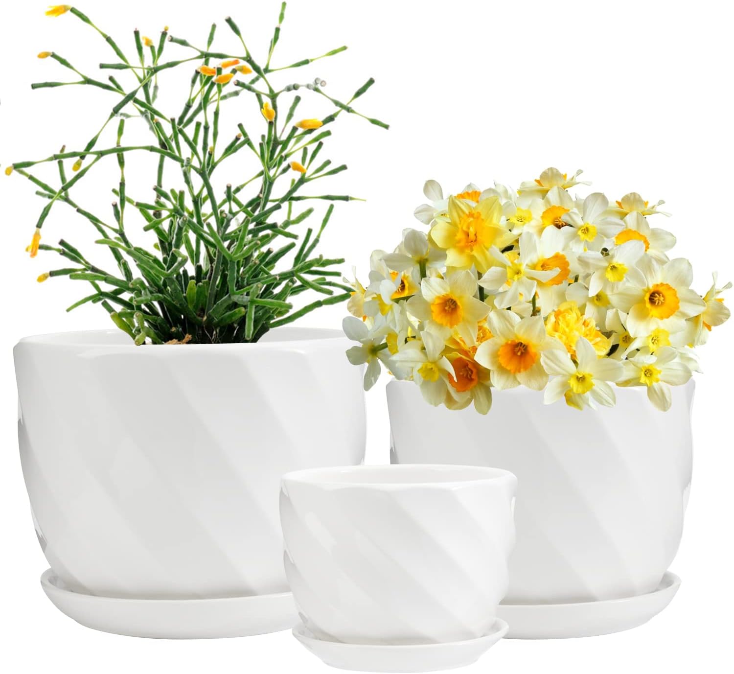 Laerjin Plant Pots 4.05" & 5.51" & 6.77" Flower Pot, Ceramic Garden Plant Pots with Connected Saucer for Garden, Set of 3 in Different Sizes