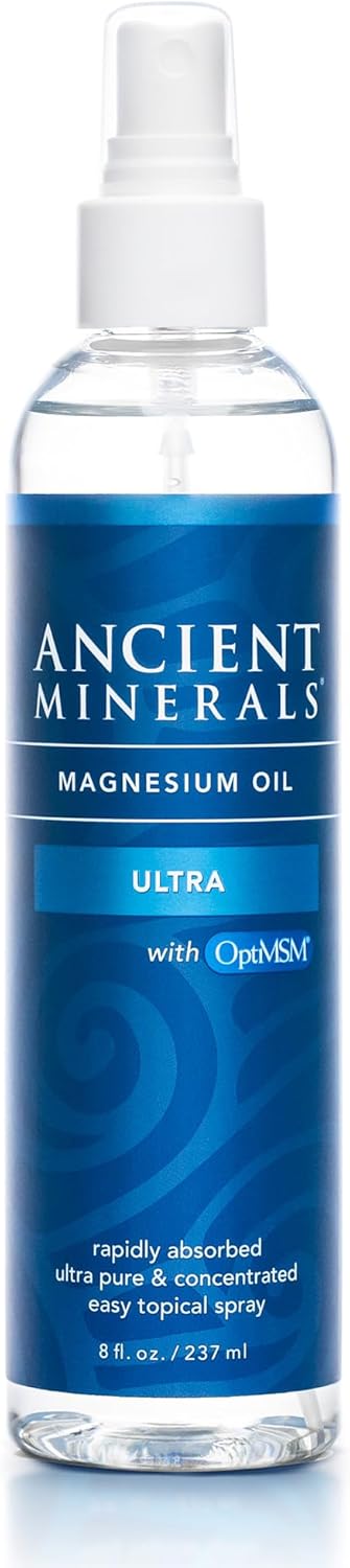 Ancient Minerals Magnesium Oil Ultra Spray with OptiMSM - Pure Genuine Zechstein Magnesium Chloride Supplement with MSM - Best Topical Skin Application for Dermal Absorption (8oz)