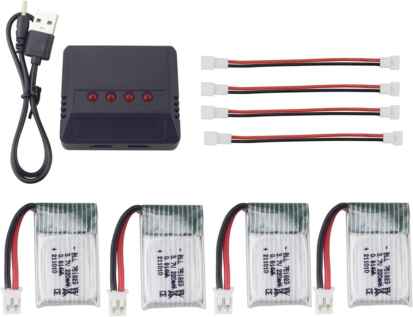 sea jump Accessories 4PCS 3.7V 220mah Li Battery+4in1 Balance Charger for E010 E010C E011 E011C E013 GoolRC T36 NINHUI NH010 F36 H36 HS210 SANROCK GD65A ATOYX AT-66 Four-axis Aircraft RC Drone Battery