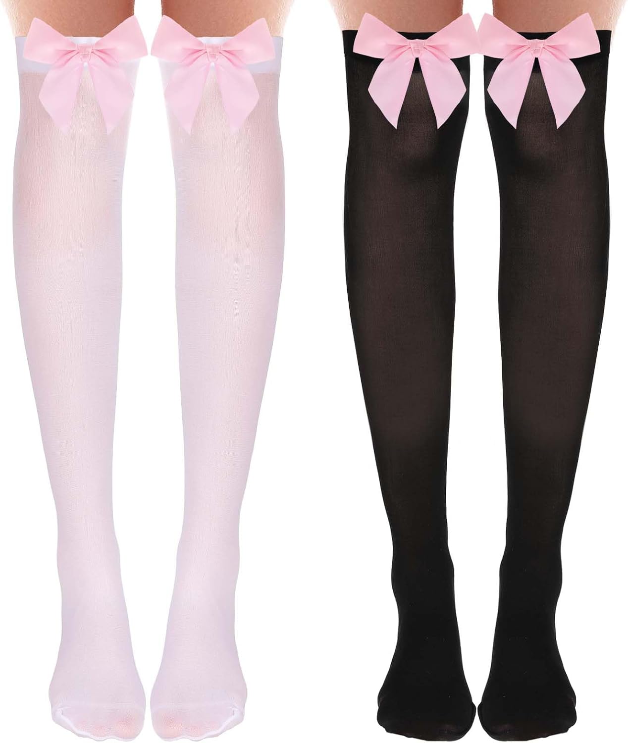 2 Pairs Black Thigh High Socks with Bow, White Sheer Stockings with Pink Bow, Satin Bow Stockings Women Knee Highs Stockings for Girls, Over Knee Long Stockings with Pink Bows