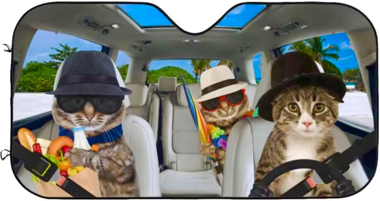 Three Funny Cool Cats Animals Windshield Sun Shade for Cars, SUV, Trucks (51"" X 27.5"") Front Window Sun Shade Visor Shield Cover