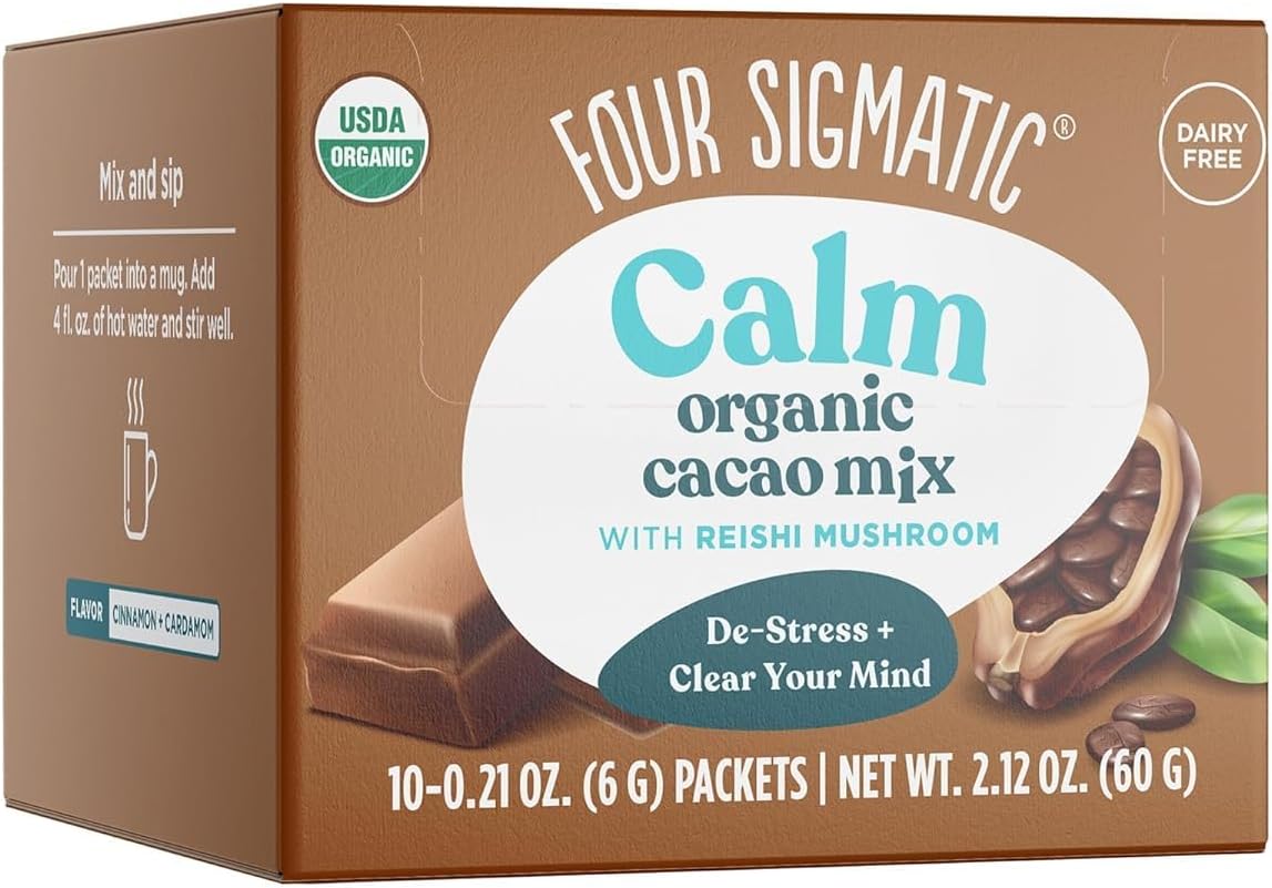 Four Sigmatic Calm Mushroom Cacao Mix – Organic instant cacao with organic reishi mushroom powder – For drinking or baking – Vegan, gluten-free, lactose-free – 10 servings