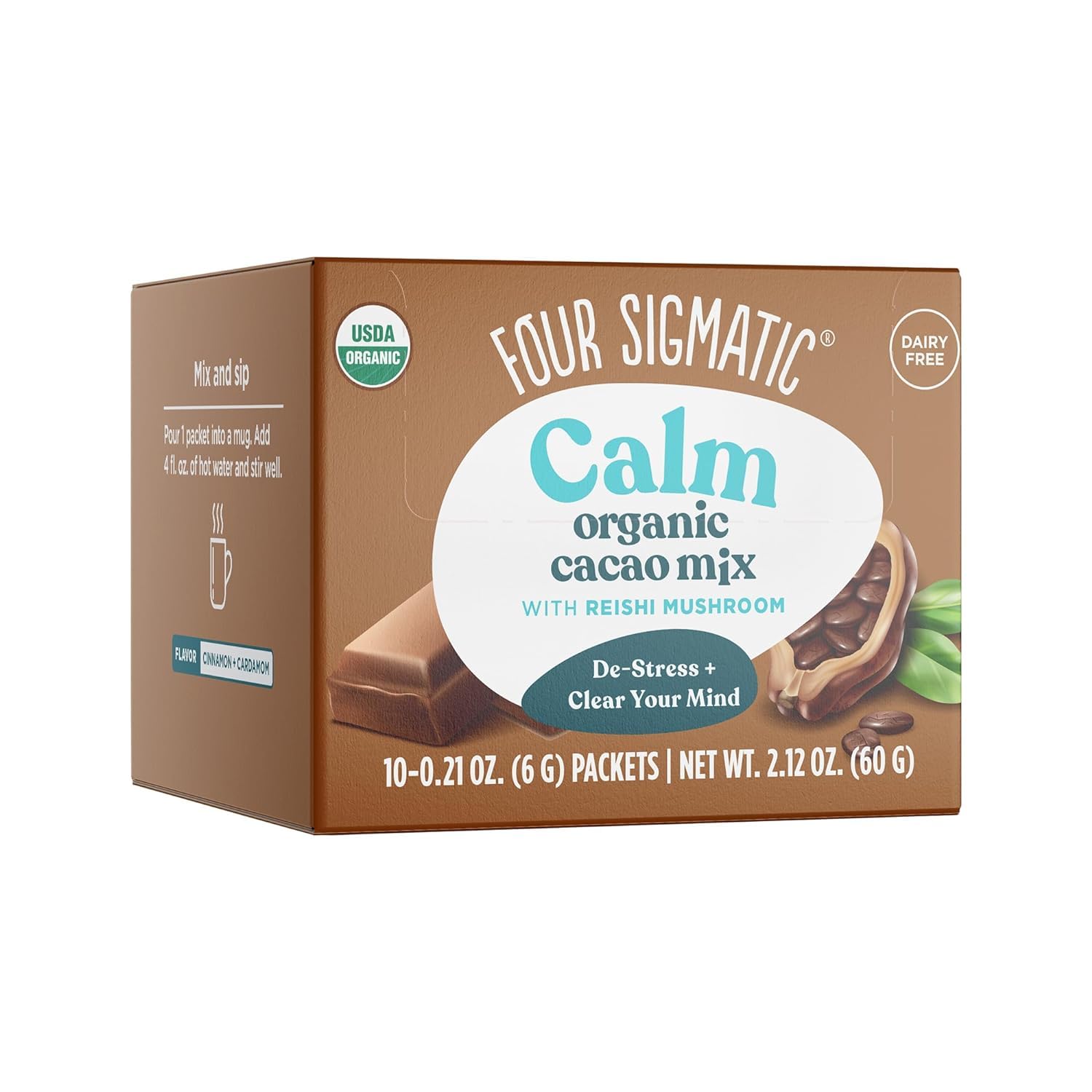 Four Sigmatic Calm Mushroom Cacao Mix | Organic Instant Cacao with Organic Reishi Mushroom Powder | Supports Calm & Relaxation | Drink it or Bake with it | Vegan, Gluten-Free, Dairy-Free | 10 Count