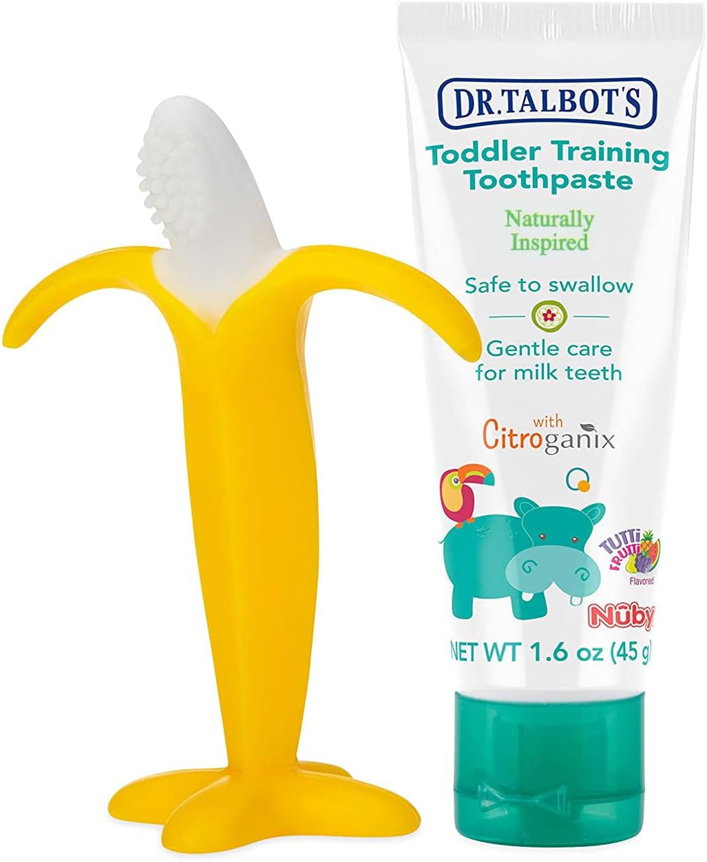 Dr. Talbot's Toddler Training Toothpaste Naturally Inspired with Citroganix, with Nuby Nananubs Banana Massaging Toothbrush, 1.6 Ounce, 6+ Months