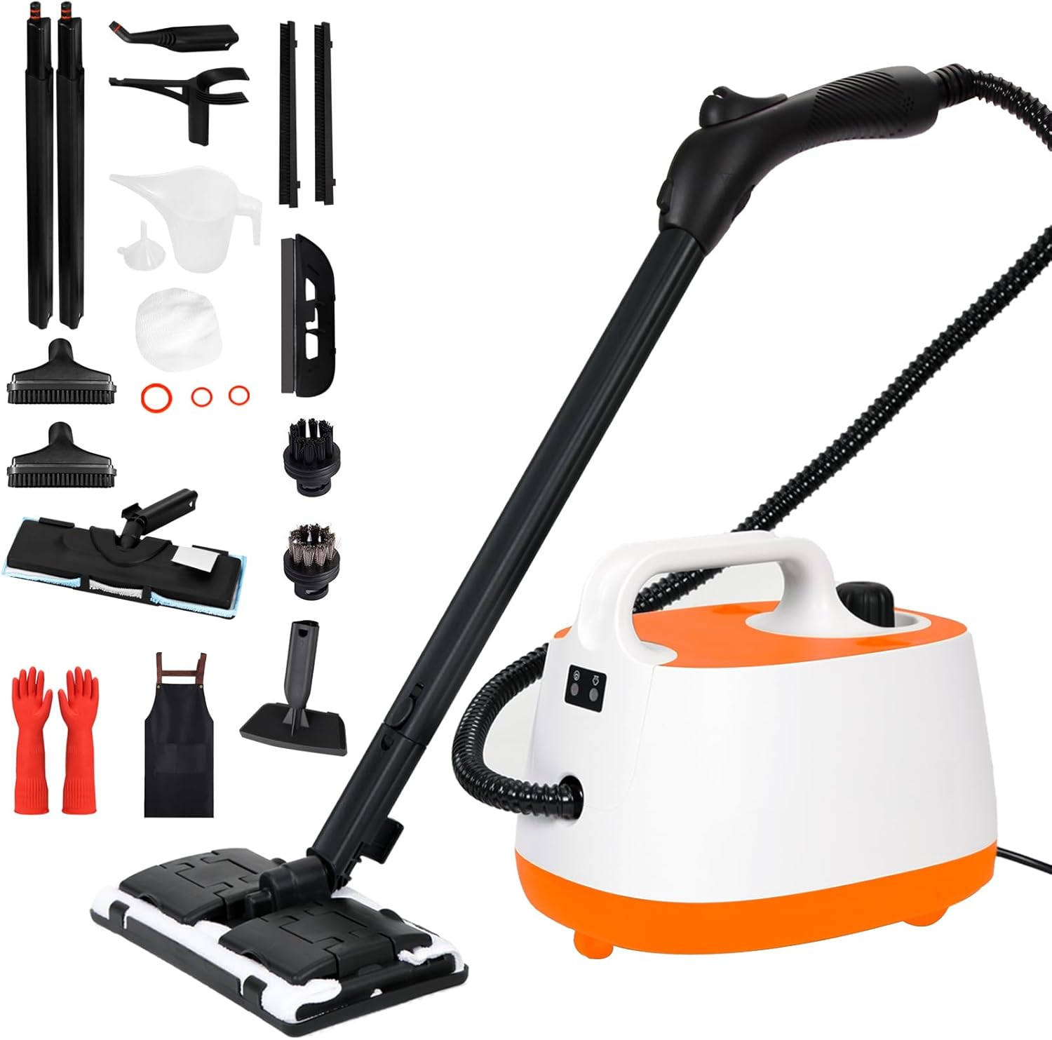 Steam Cleaner,Multipurpose Neat Canister Steamer with 21 Accessories, 5 Mins Heating with 1.5L Tank,Rolling Cleaning Machine for Carpet, Floors,Windows,Mirrors,Glass and Cars (White orange)