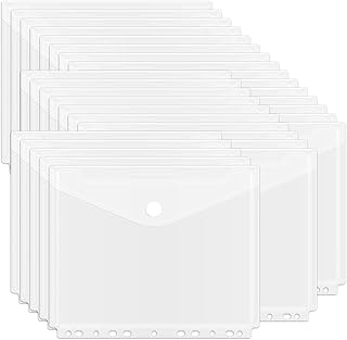 EOOUT 30Pcs Binder Pocket, Binder Organizer, 11 Holes Clear Poly Binder Envelope with Hook and Loop Closure, Plastic Binder Folders for School and Office Supplies, Letter Size