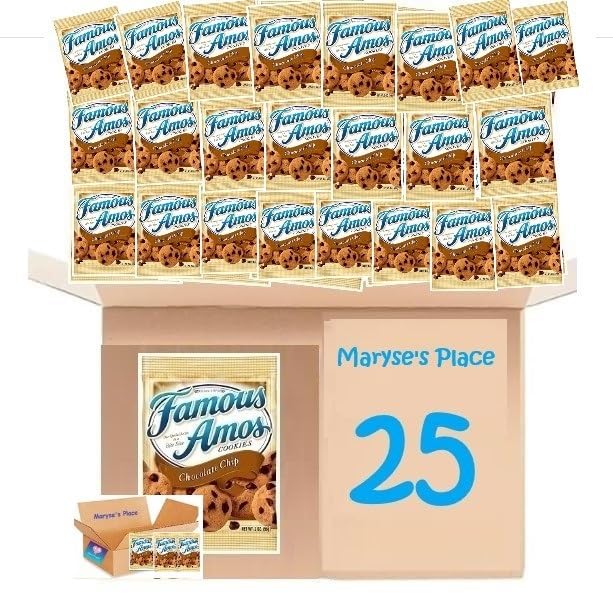 Famous Of Amos Chocolate Chip Cookie Bags, 2oz each, Pack of 25, Individual Wrapped Cookies in Maryse's Place Exclusive Packaging- No Trans Fat And Kosher