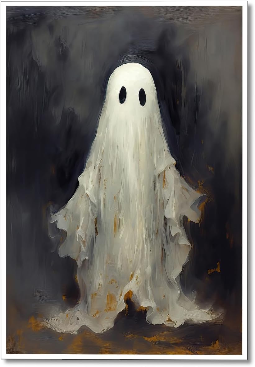 Osdfem Cute Halloween Ghost Canvas Wall Art, Abstract Cute Ghost Oil Painting, Spooky Halloween Posrer，Gothic Dark Academia Wall Decor Pictures, 12x16in Unframed