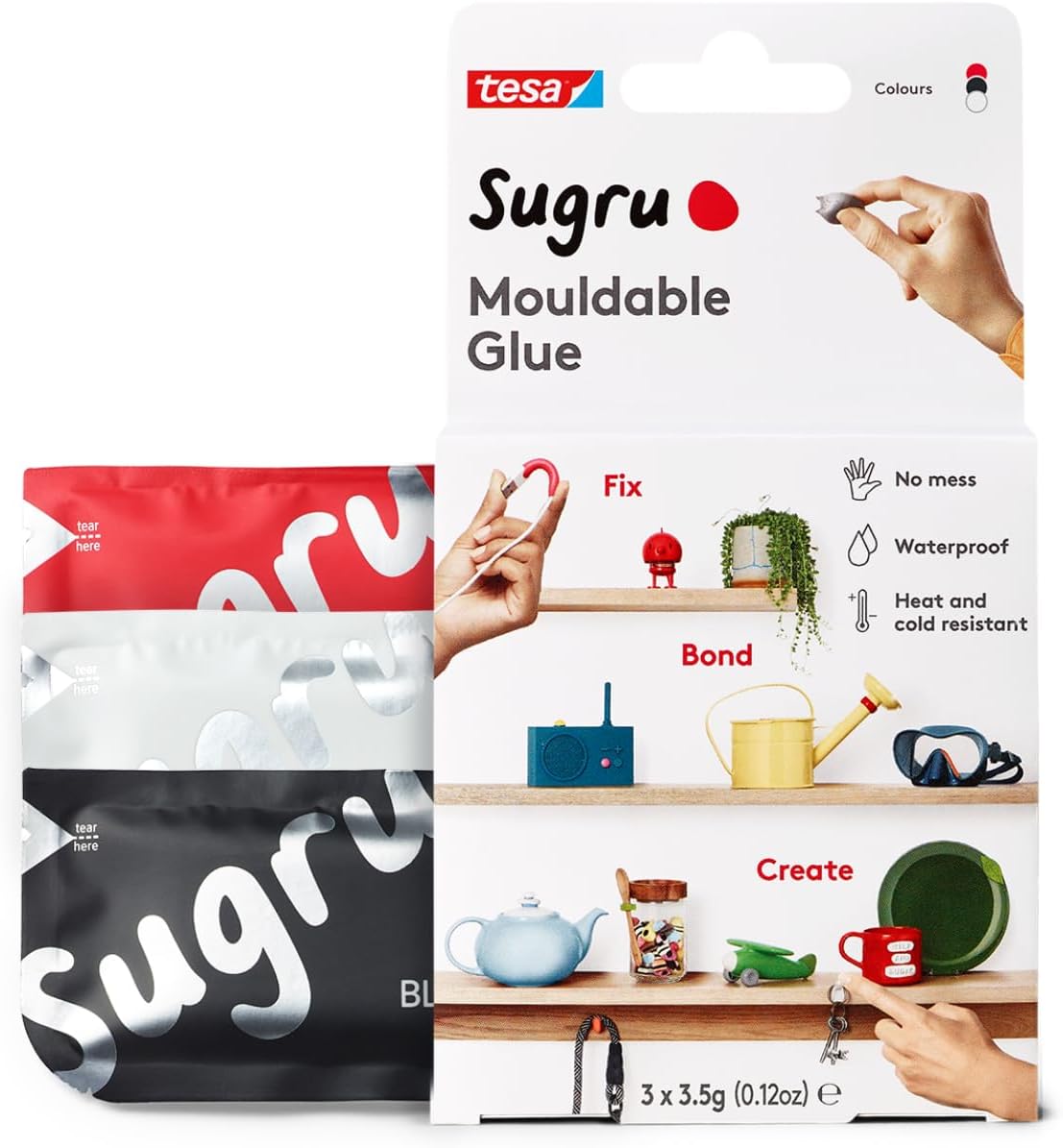 Sugru by tesa - Moldable Multi-Purpose Glue for Creative Fixing and Making, Black, White & Red, 3 Piece