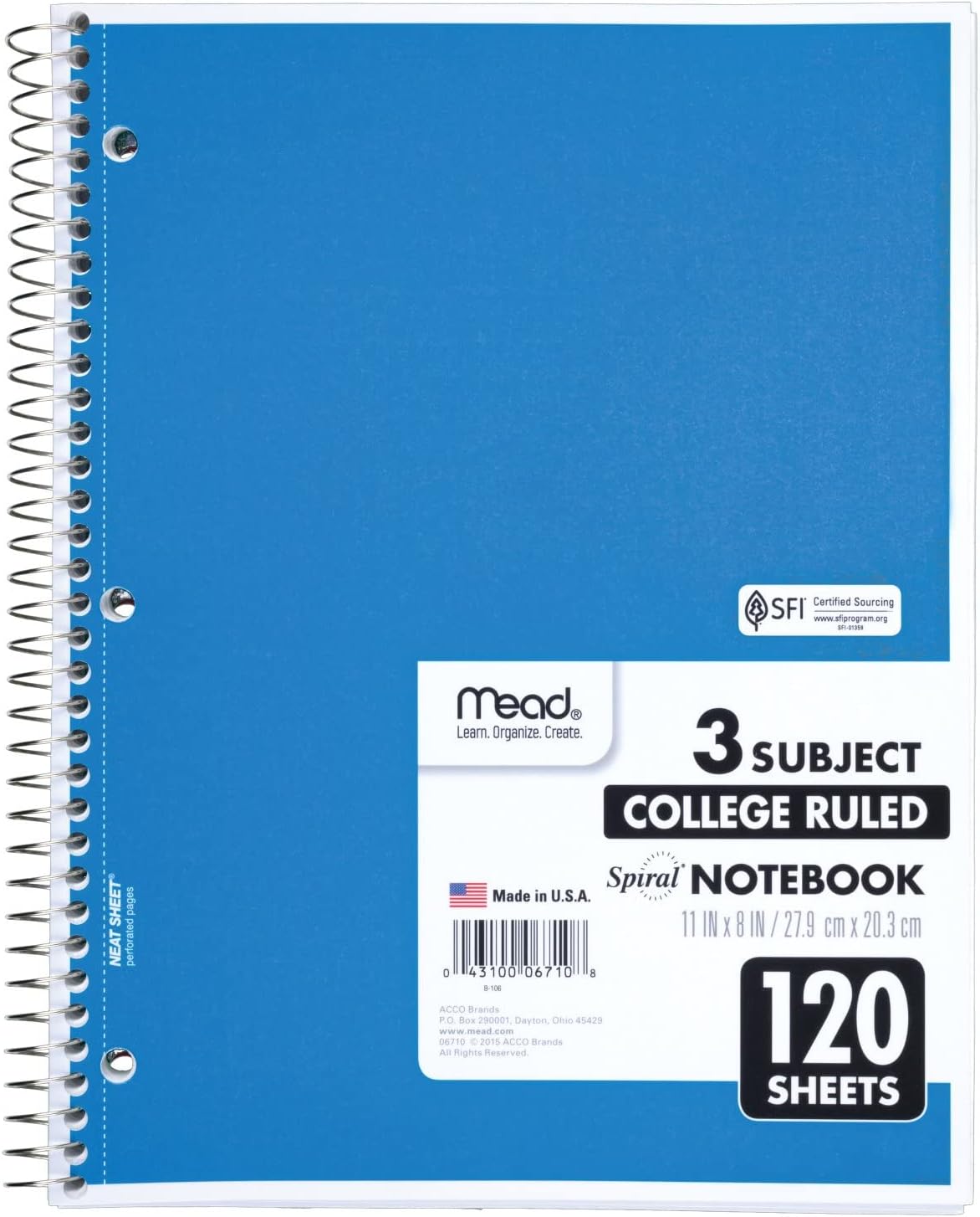 Mead Spiral Notebook, 3 Subject, College Ruled Paper, 8" x 11", 120 Sheets, Color Will Vary (820394-25)