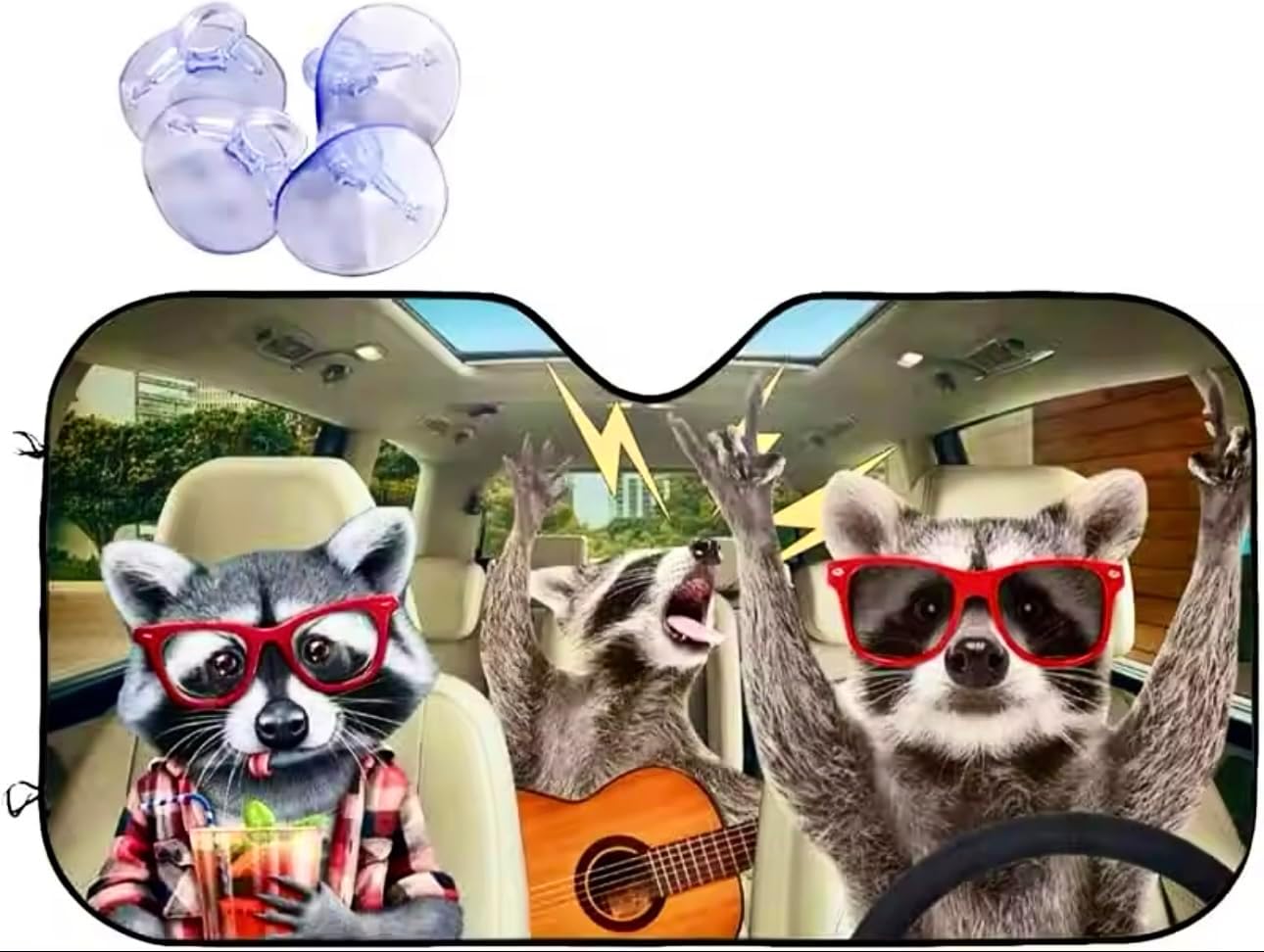 Three Funny Rockstar Raccoons Animals Windshield Sun Shade for Cars, SUV, Trucks (51"" X 27.5"") Front Window Sun Shade Visor Shield Cover