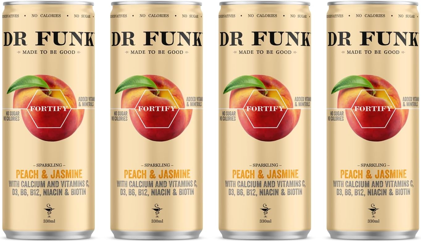Dr. Funk Peach & Jasmine Sparkling Flavoured Water with NO Sugar & NO Calories, with 6 added Vitamins and 1 Essential Mineral, Pack of 4 Cans x 330ml