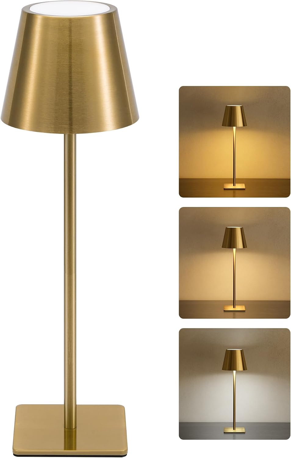 UME Cordless Table Lamp, Battery Operated Lamp - Portable Waterproof Rechargeable Table Lamp w/ 3 Color Temps & Stepless Dimming for Dinner, Desk, Cafe, Outdoor (Brushed Gold)