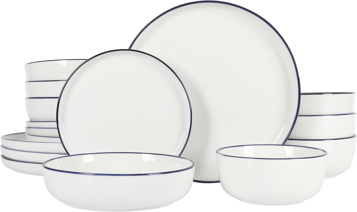 Gibson Home Oslo 16-Piece Porcelain Ceramic Chip & Scratch Resistant Dishes, Microwave & Dishwasher Safe, Plates and Bowls Dinnerware Set, White w/Blue Rim