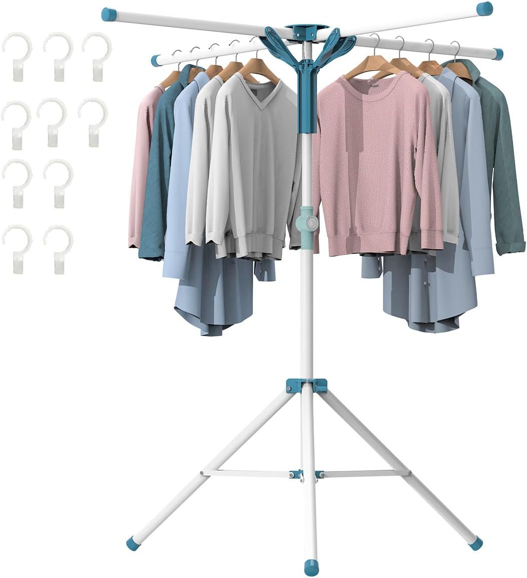 Clothes Drying Rack-4 Arm Tripod Foldable&Portable Laundry Hanging Drying Rack,Collapsible Clothing Rack Stainless Steel with Windproof Hooks for Indoor Outdoor