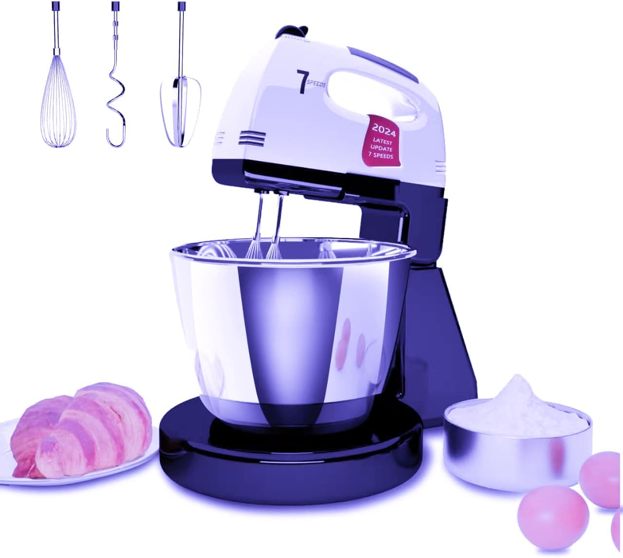 Stand Mixers, 7 Speeds With 3QT Stainless Steel Bowl, Stand and Hand Mixer with Dough Hook, Whisk, Mixing Beater for Baking, Cake, Cookie, Kneading (TE2)