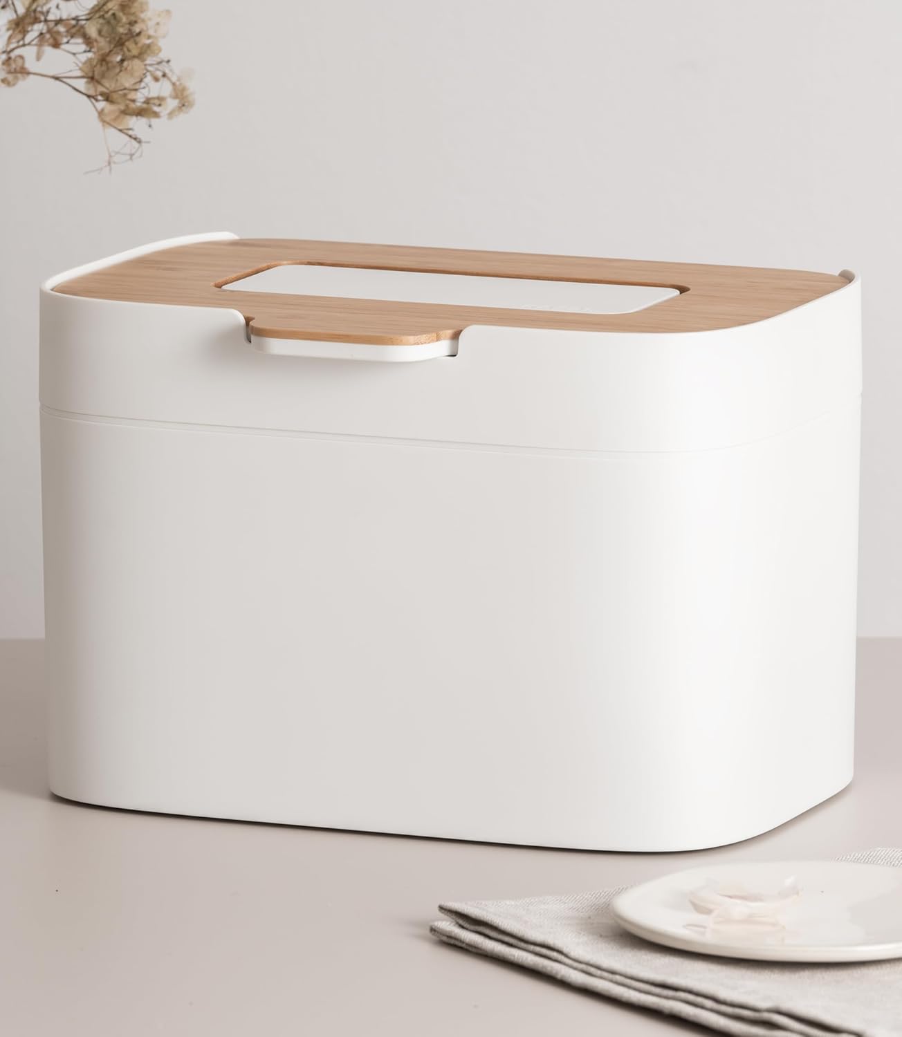 KAZAI.® Compost Bin 'Elin' | 4.5L Small Kitchen Caddy with Wooden Lid & Filter | Food Waste Container, Odour-Free, Dishwasher Safe, with Inner Caddy | Recycling Unit for Kitchen Counter Top | White