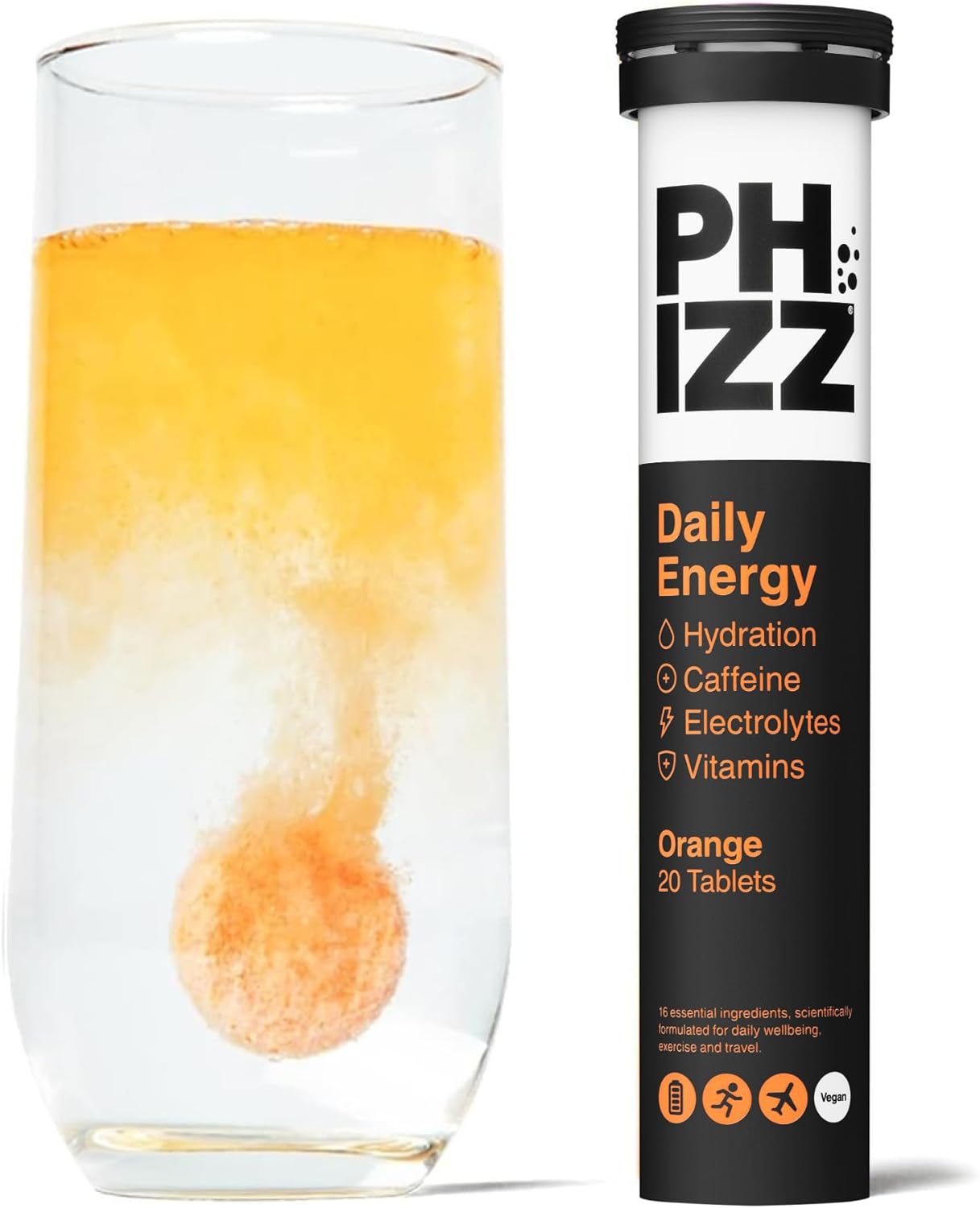 Phizz Daily Energy Electrolyte Hydration Tablets - 16 Vitamins and Minerals - Effervescent Energy Tablets - 75mg Caffeine (Daily Energy (Orange), 20)