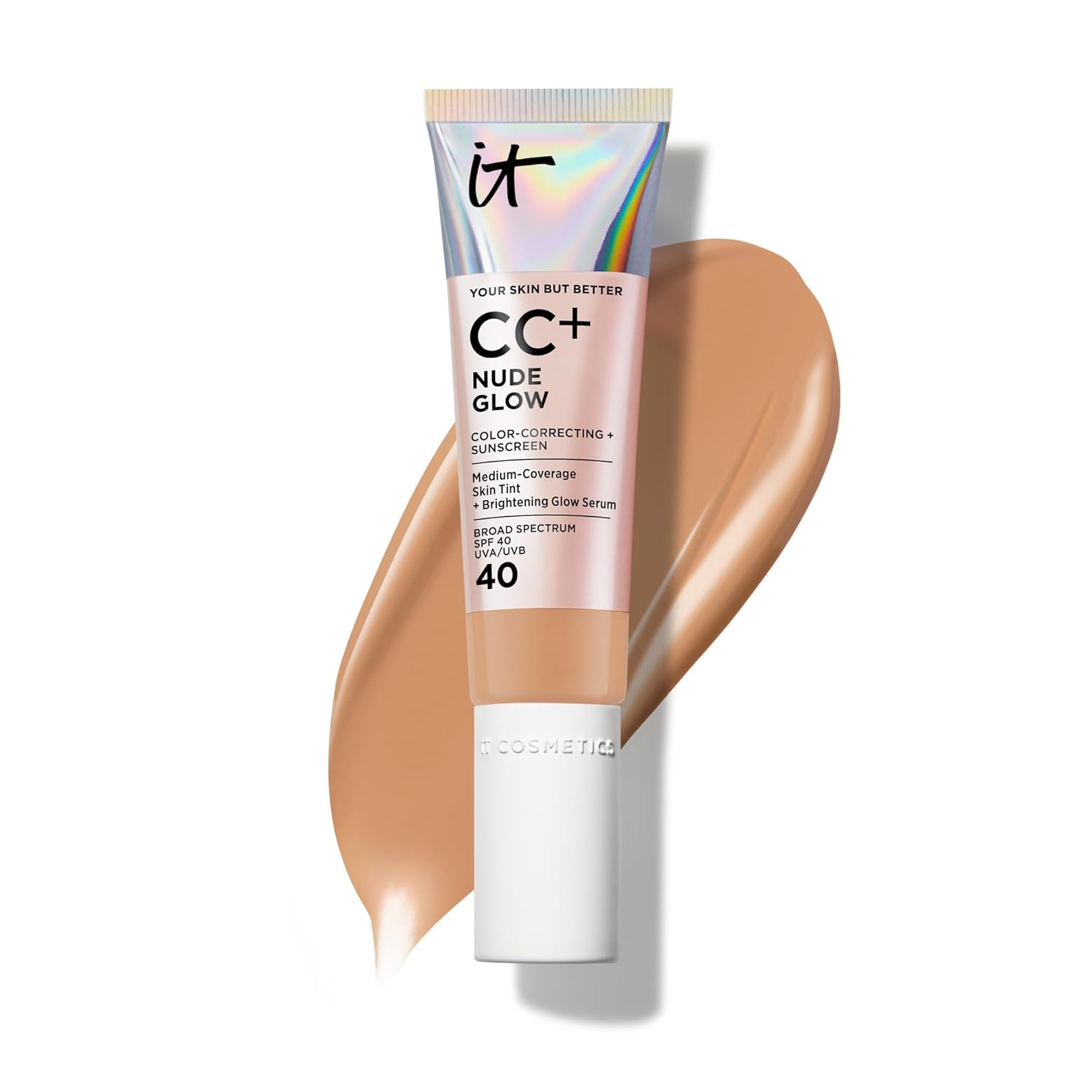 IT Cosmetics CC+ Nude Glow - Medium Coverage Foundation with SPF 40 & Brightening Glow Serum, Lightweight Skin Tint, 2% Niacinamide + Hyaluronic Acid, Up to 24H Hydration, Normal/Dry Skin - 1.08 fl oz