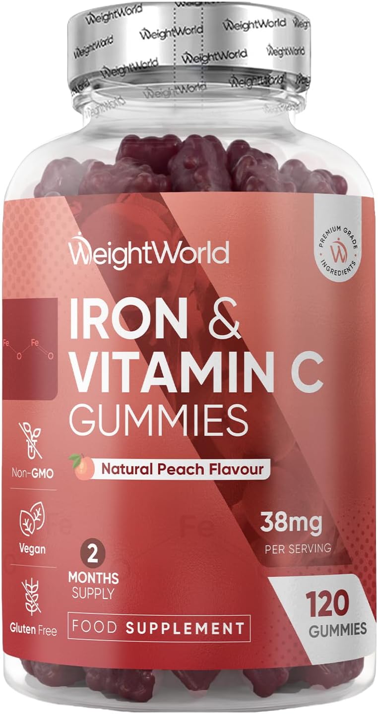Iron Gummies with Vitamin C - 38mg per Serving - 120 Gummies - 2 per Day | Natural Peach Flavour - 2 Months Supply - Ferrous Fumarate Form - Vegan & Gluten-Free - Iron Supplements for Women & Men