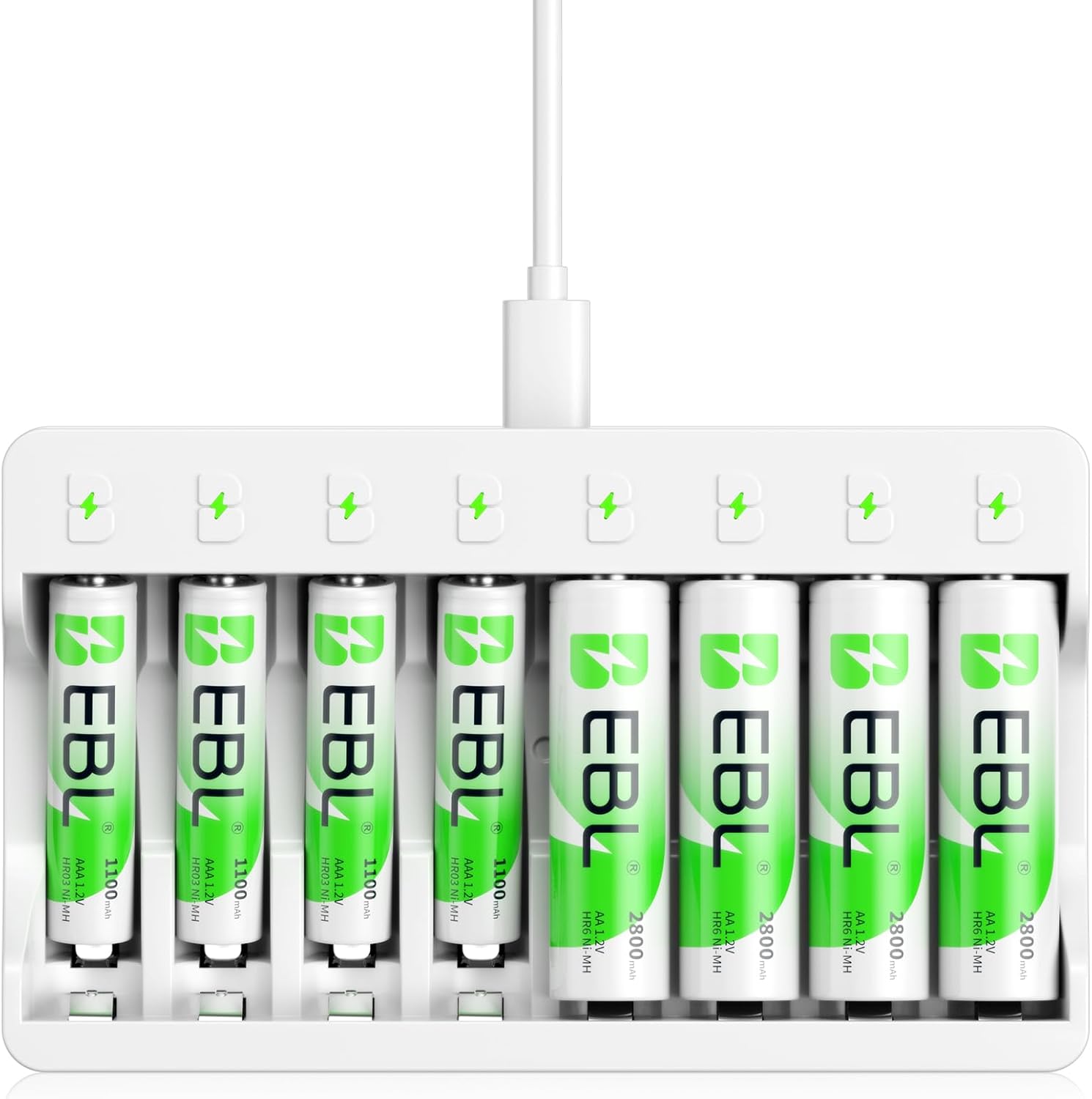 EBL 8 Slots LED Individual Battery Charger AA AAA NiMH with 5V 2A Fast Charging Function, including 4 x Rechargeable Battery AA and 4 x AAA Rechargeable Batteries (New Battery Packaging)