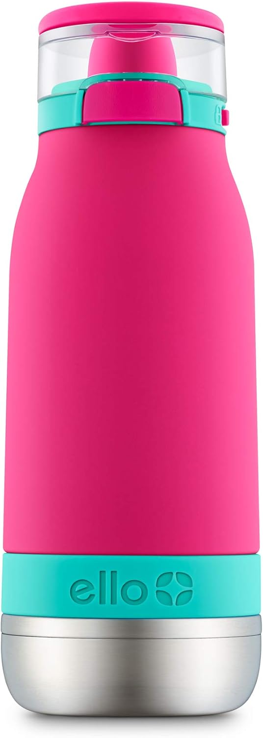 Ello Emma 14oz Vacuum Insulated Stainless Steel Kids Water Bottle with Straw and Built-in Carrying Handle and Leak-Proof Locking Lid for School Backpack, Lunchbox and Outdoor Sports