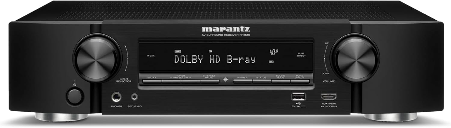 Marantz NR1510 UHD AV Receiver – Slim 5.2 Channel Home Theater Amplifier, Dolby TrueHD and DTS-HD Master Audio | Alexa Compatible | Stream Music via Wi-Fi, Bluetooth and HEOS Black