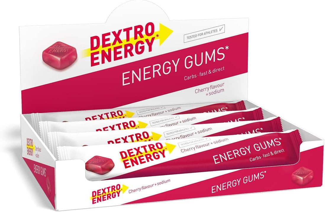 Dextro Energy Cherry | With Sodium for Fast Acting, Quickly Available Carbohydrates | Chewable Alternative to Sports Gels | Easy to Portion and Transport Sport Gums | Vegan | 8 x 45 g