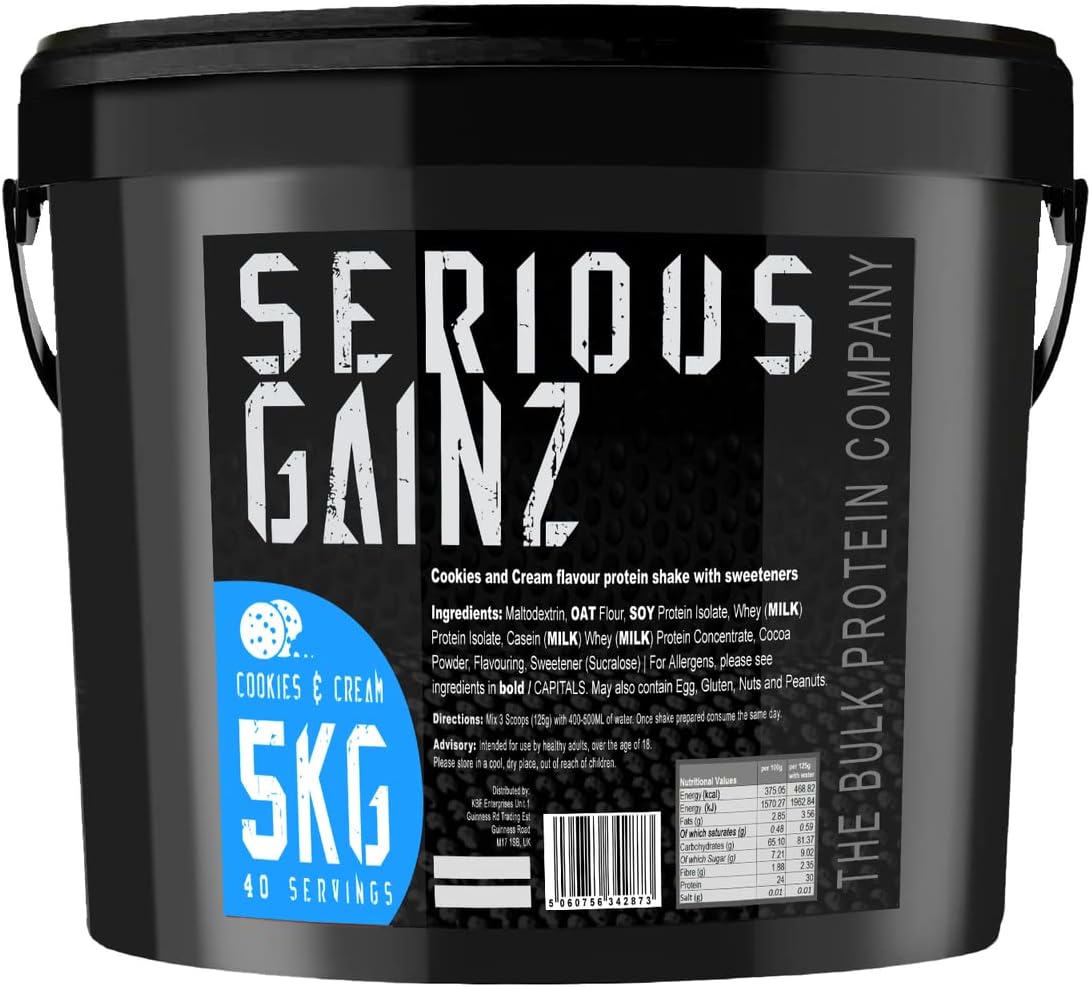 The Bulk Protein Company, SERIOUS Gainz - Whey Protein Powder - Weight Gain, Mass Gainer - 30g Protein Powders (Cookie & Cream, 5kg)