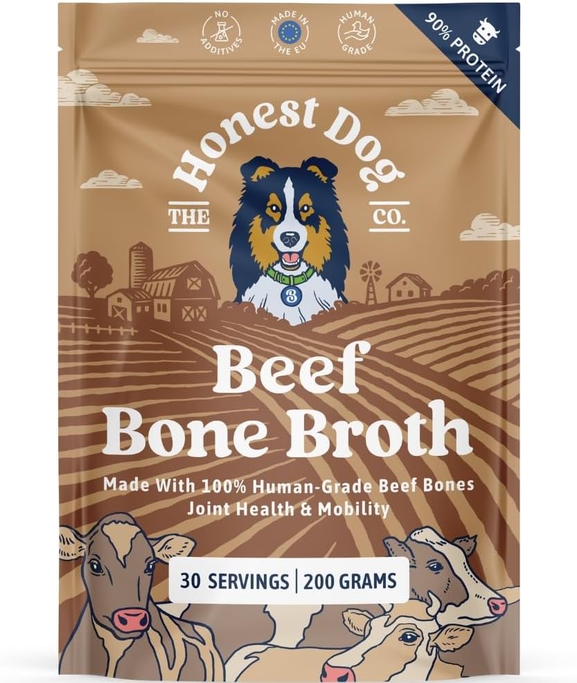 Honest Dog Co. Beef Bone Broth for Dogs and Cats (200 Grams, 30 Servings) - High in Collagen and Protein - Bone Broth Powder for Dogs - Dog and Cat Food Topper for Dry Food - Beef Gravy Granules