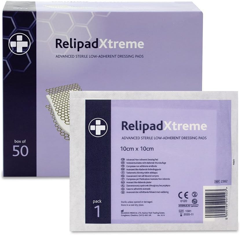 Reliance Medical Sterile Relipad Xtreme Low Adherent Dressing Pads - for Heavy Duty Use with Advanced Absorbency Technology, Double-Sided Design for Maximum Exudate Absorption 10 cm x 10 cm, Box of 50
