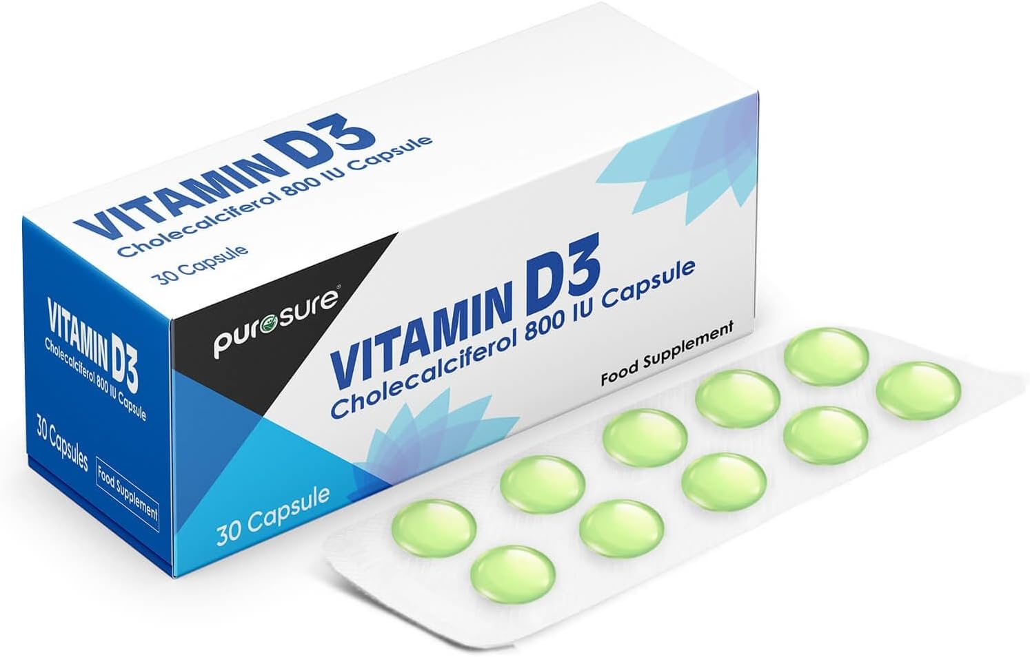 Vitamin D3 800 IU - 30 Capsules - High Potency, Easy to Swallow Pure Vitamin D Softgel Capsules - Vitamin D3 Supplements Helps Boost Health and Immune System