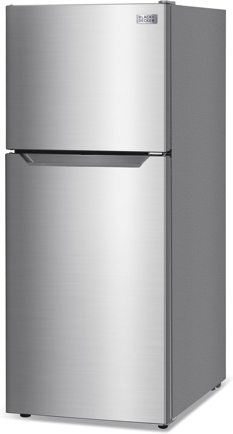 BLACK+DECKER 12.1 Cu. Ft. Top Mount Refrigerator with Freezer, 2 Door Refrigerator with Top Freezer and Adjustable Temperature Control, ENERGY STAR, BR1210HS, Stainless Steel Look