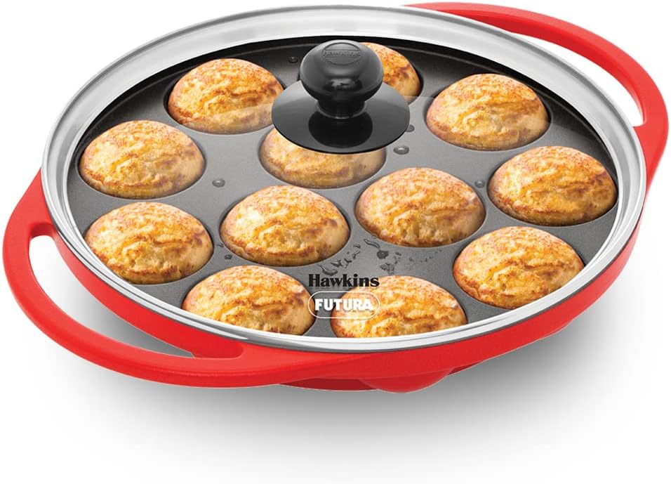 HAWKINS Futura Pan-NAPE26G Appe, Non Stick Glass Lid, Paniyarakkal Ceramic, Litti, Kuzhi Paniyaram, Ponganalu Pan, 26 cm, Red