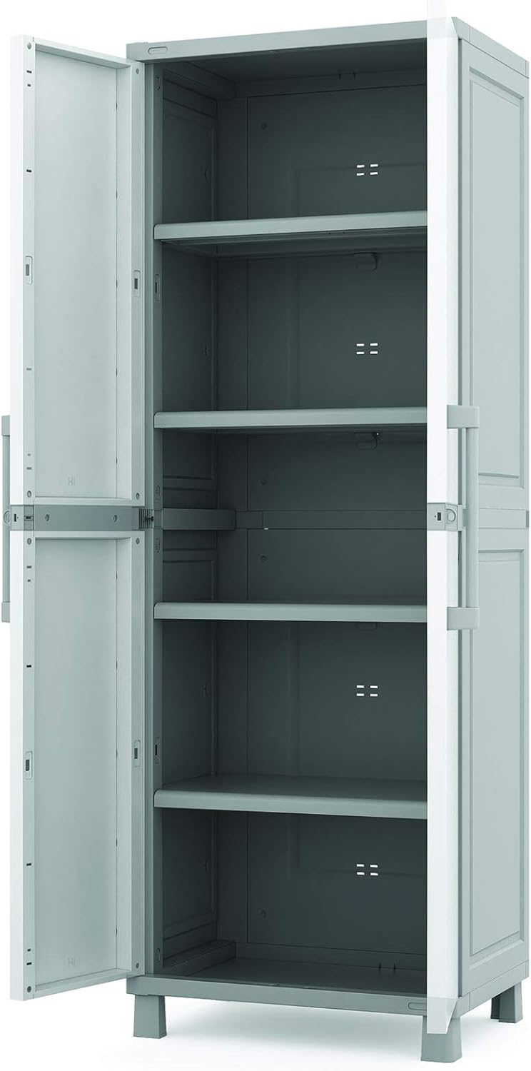 Keter Storage Cabinet with Doors and Shelves for Laundry Room, Garage, Bathroom Accessories, Closet and Home Organization, White & Grey