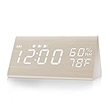 Digital Alarm Clock, with Wooden Electronic LED Time Display, 3 Alarm Settings, Humidity & Temperature Detect, Wood Made Electric Clocks for Bedroom, Bedside, Desk, White