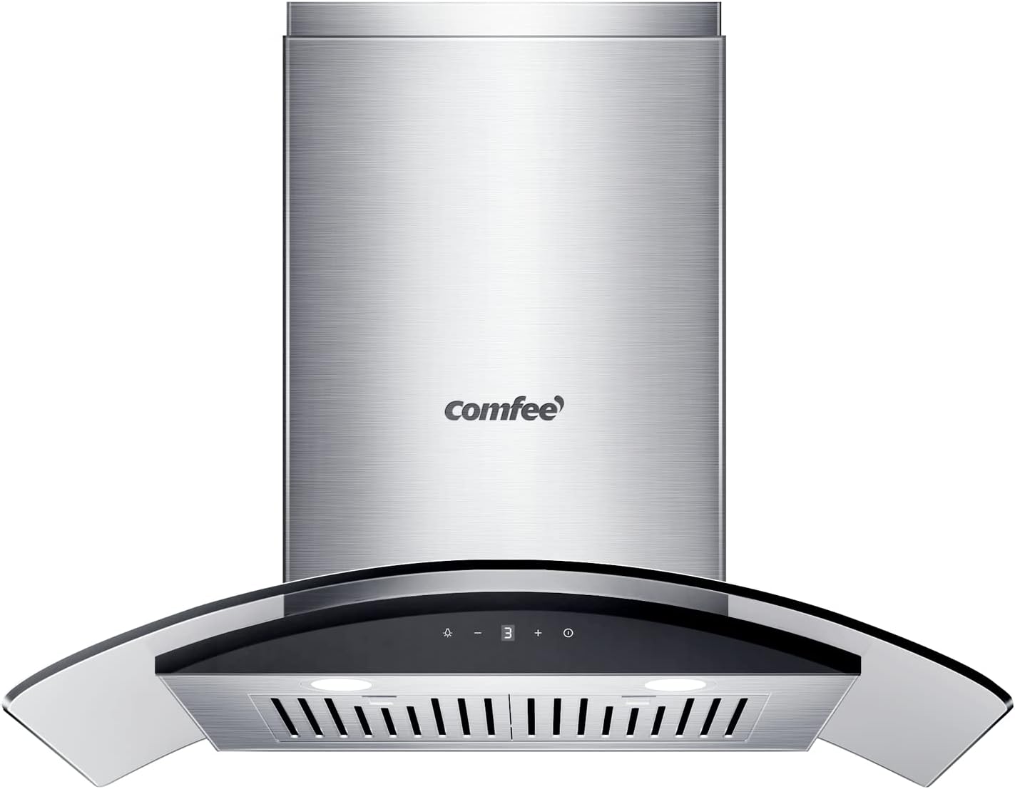 COMFEE' Curved Glass Range Hood 30 Inch 450 CFM 3 Speed Gesture Sensing &Touch Control Panel Stainless Steel kitchen Ductless/Ducted Convertible with Baffle Filters and 2 LED Lights (CVG30W9AST)