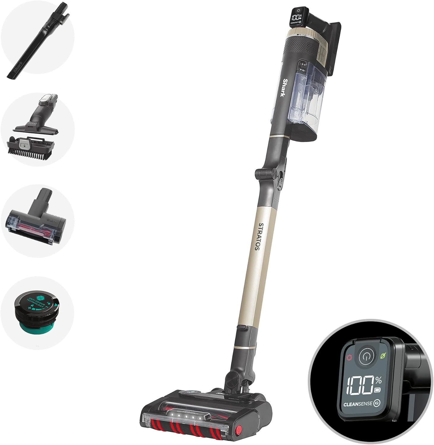 Shark Stratos Cordless Stick Vacuum Cleaner Pet Pro with Anti Hair Wrap Plus, Clean Sense IQ & Anti-Odour Technology, 60 Mins Run-Time, Removable Battery, 3 Attachments, Charcoal/Brass IZ400UKT
