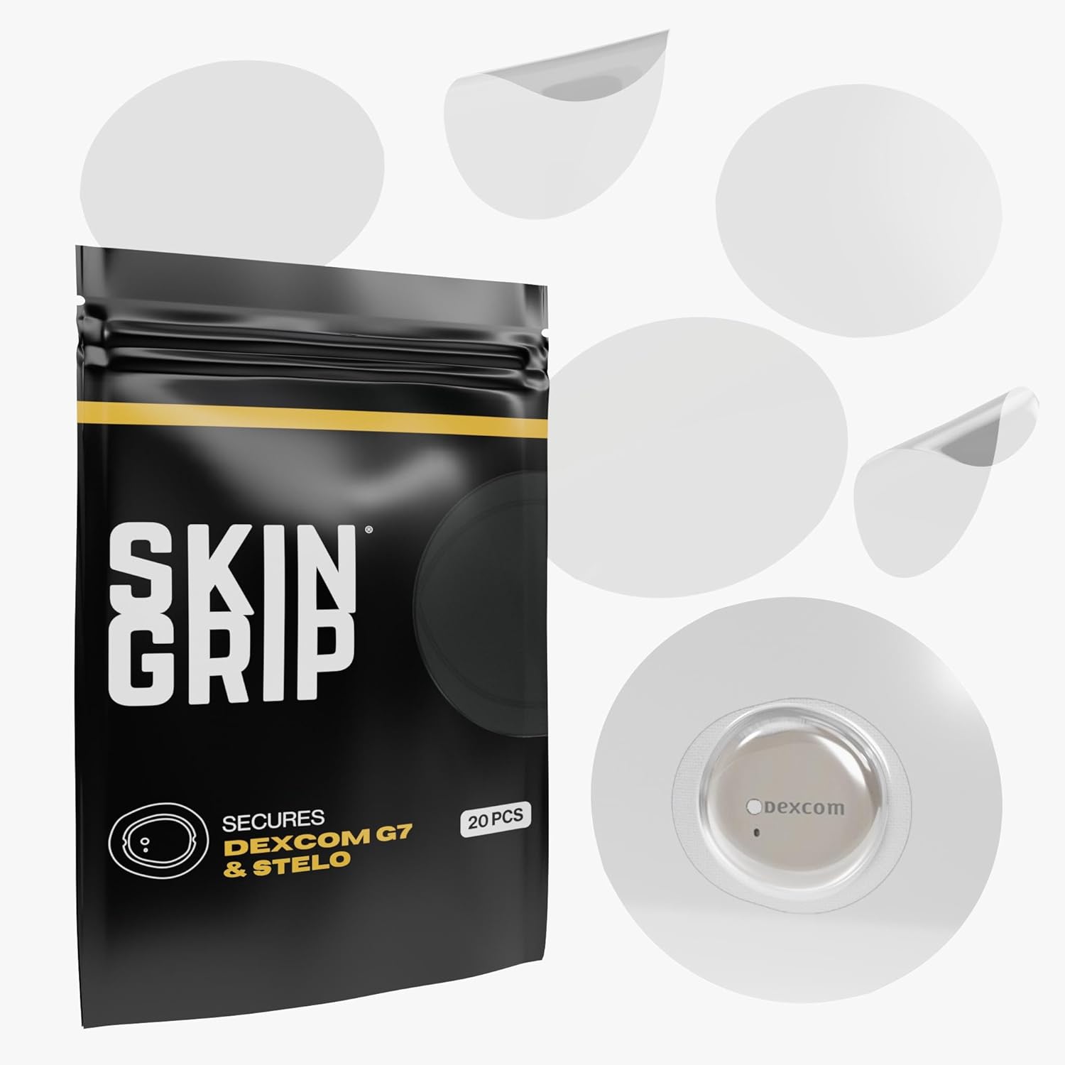 Skin Grip Adhesive Patches Compatible with Dexcom G7 & Stelo CGM – Waterproof & Sweatproof Cover for Continuous Glucose Monitor Sensor, Stays Secure for 10-15 Days – 20 Pack, Clear