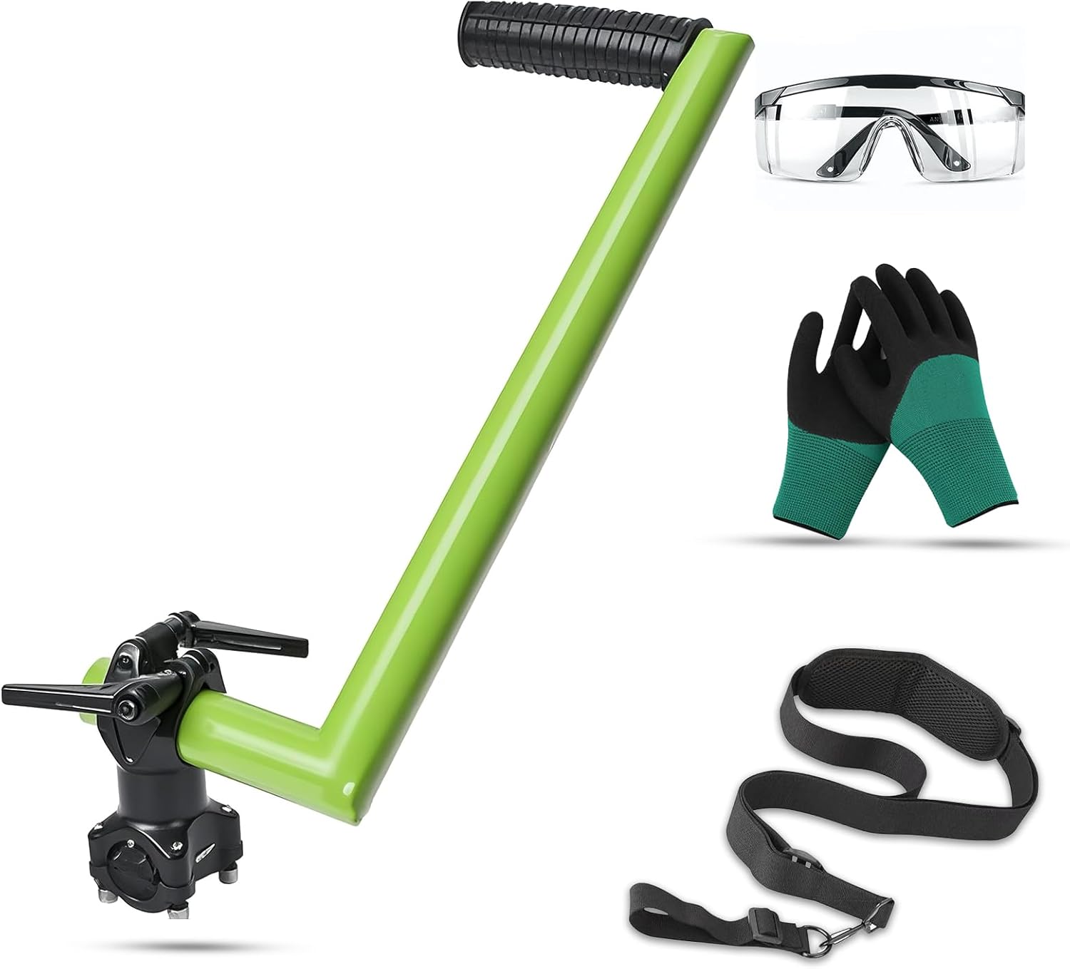 Ergonomic Trimmer Handle with Shoulder Strap, Safety Goggles & Gloves – Universal Grip for Weed Eater/String Trimmers – Comfortable Gardening Kit – Silver/White/Green (Green)