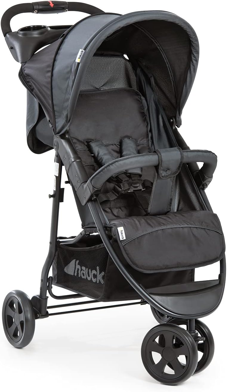 hauck Citi Neo II, Caviar/Stone - 3 Wheeled Pushchair with Raincover, Cup Holder & Tray, Lightweight (only 7.5 kg), Compact & One Hand Folding, XL Basket, from Birth up to 22 kg